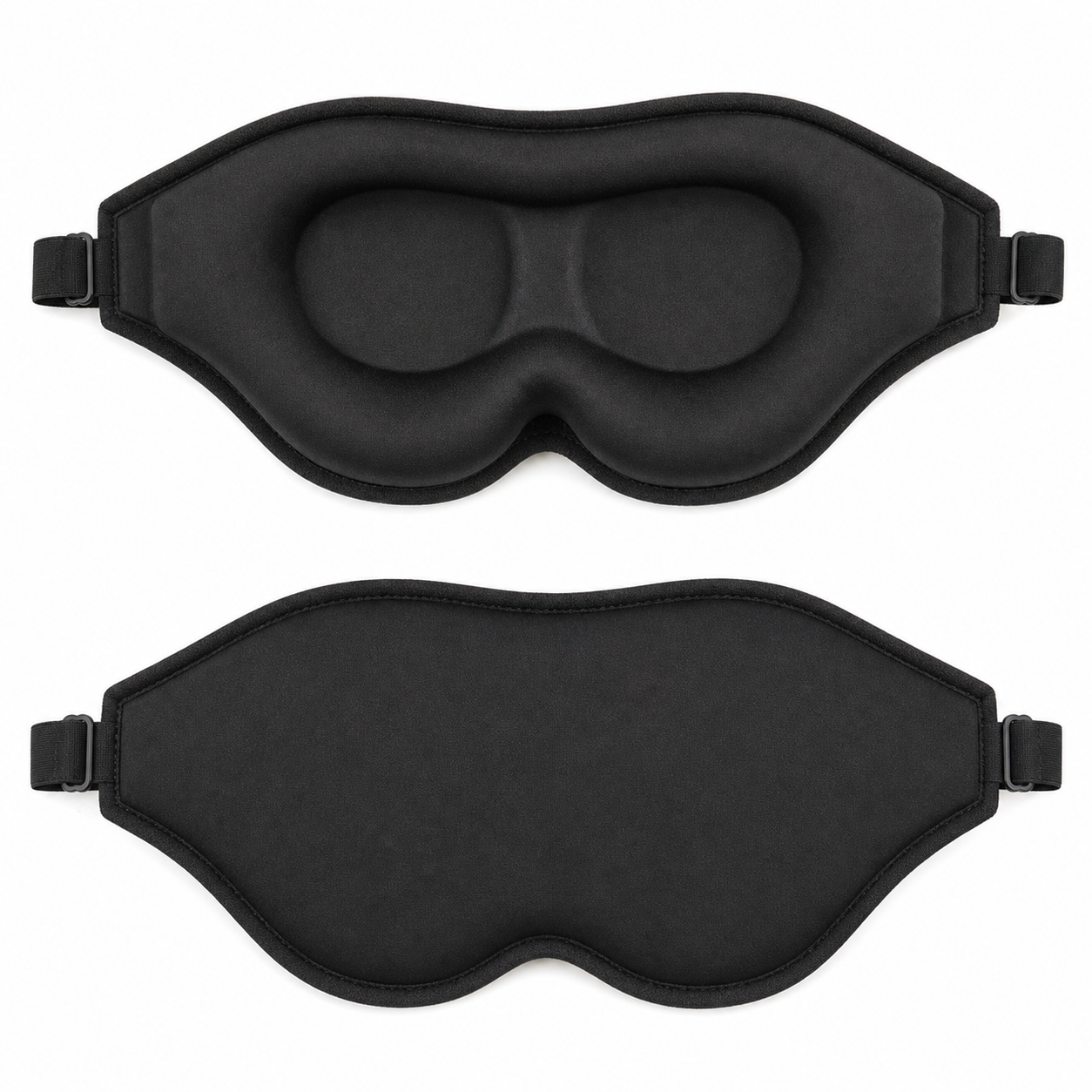 Front and back of the black weighted sleep mask on a white background