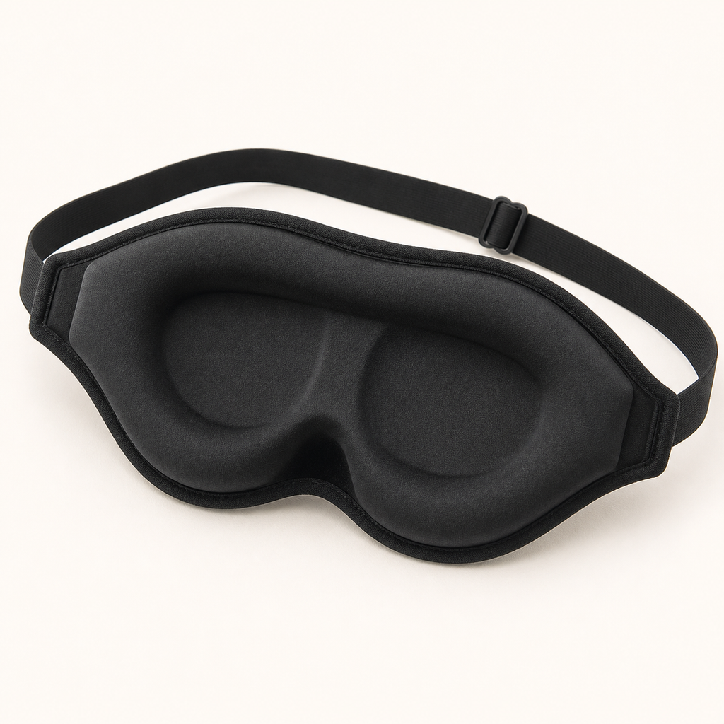Emberly Weighted Sleep Mask in matte black, angled view showing the contoured 3D eye domes and nose notch